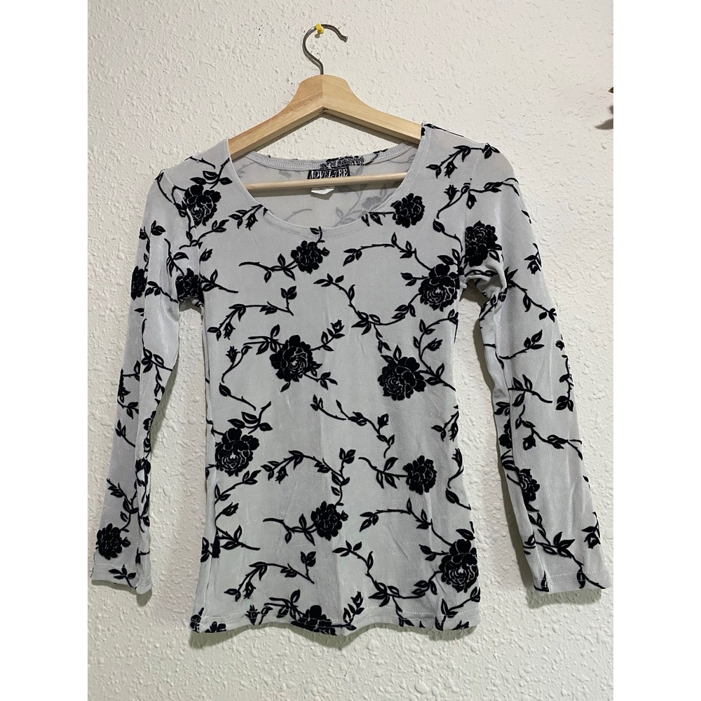 Novel-Tee Vtg 90s y2k witchy goth Black Floral‎ Burnout Velvet Grey Top Medium
